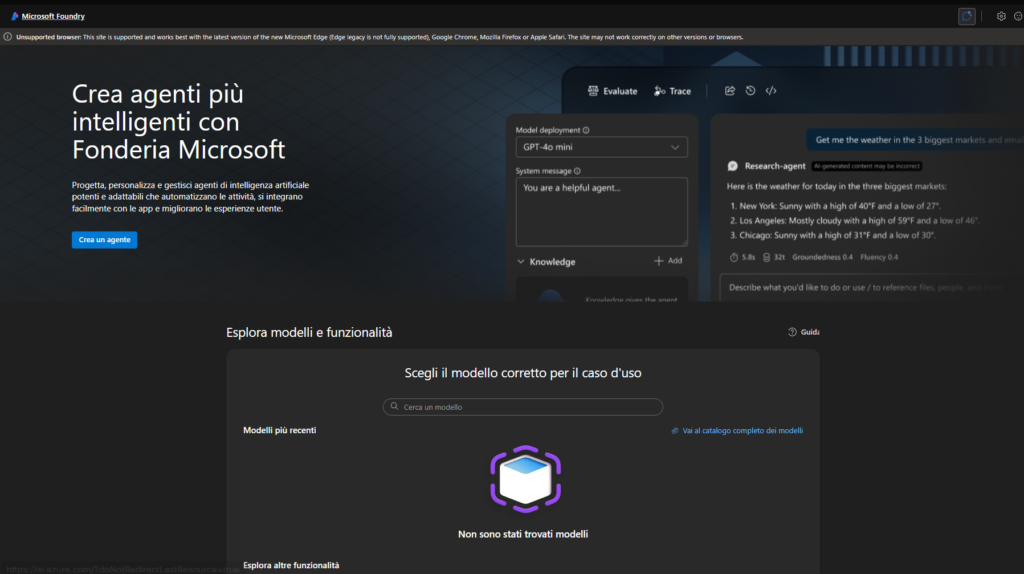 Microsoft Foundry portal home page with agent demo