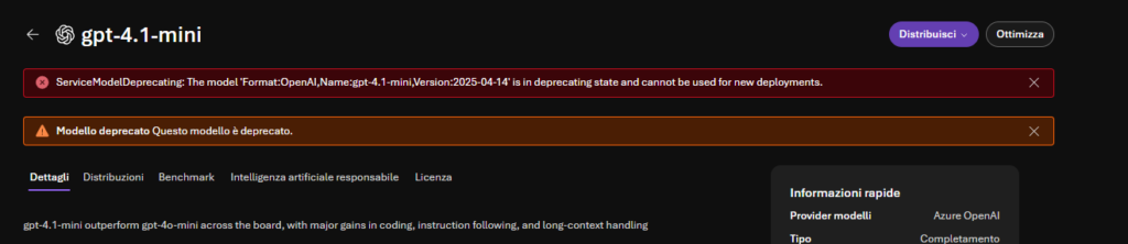 ServiceModelDeprecating error banner on gpt-4.1-mini page