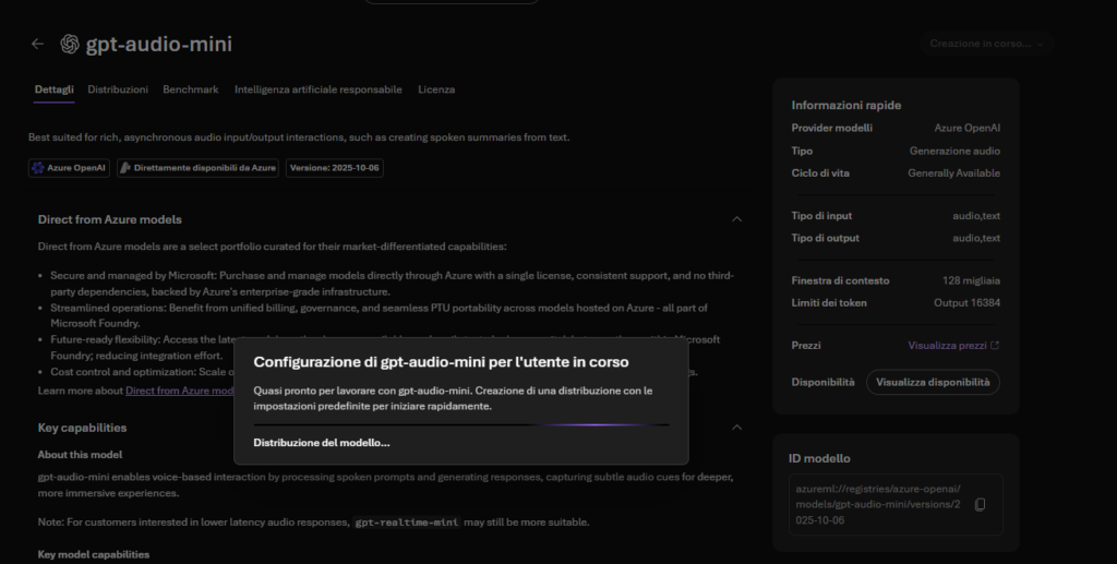 gpt-audio-mini model page during deployment