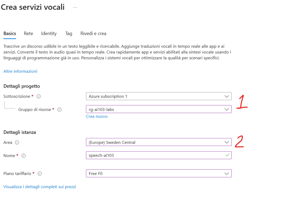 Azure portal Speech service creation form, free tier
