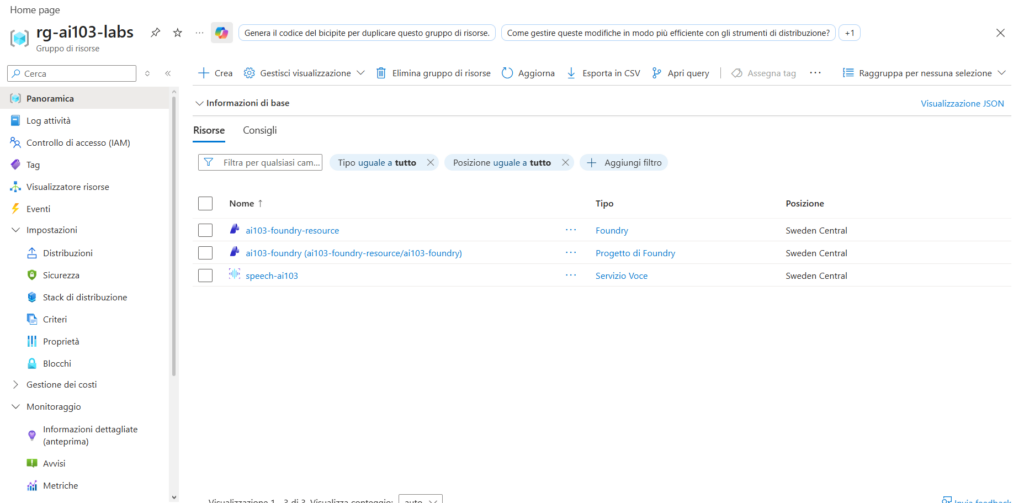 Azure resource group listing three resources in Sweden Central