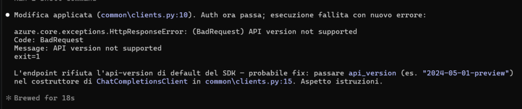 Terminal showing BadRequest API version not supported error