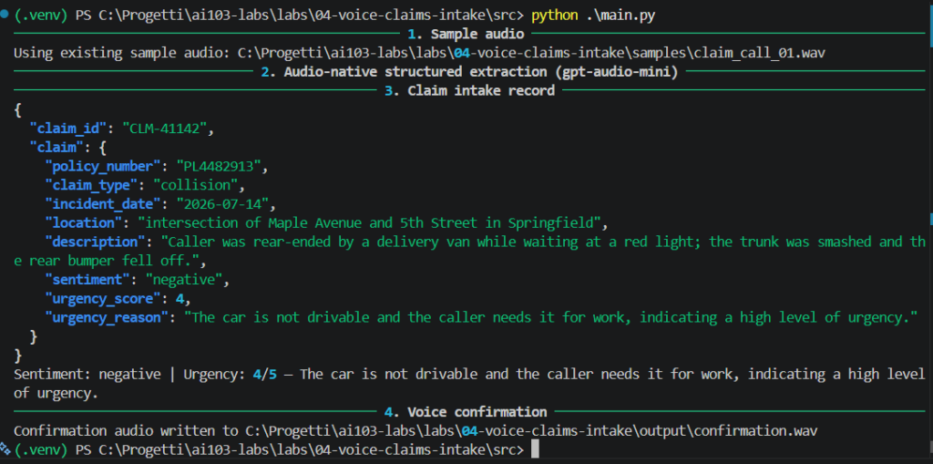 Terminal output of voice claims pipeline with extracted JSON