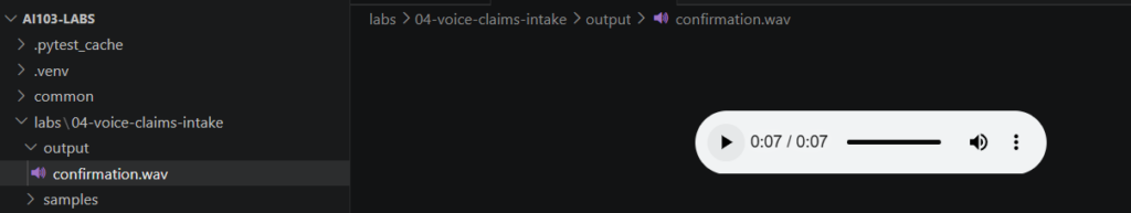 VS Code with generated confirmation WAV audio file