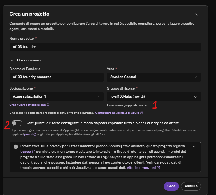 Foundry create project dialog with custom settings