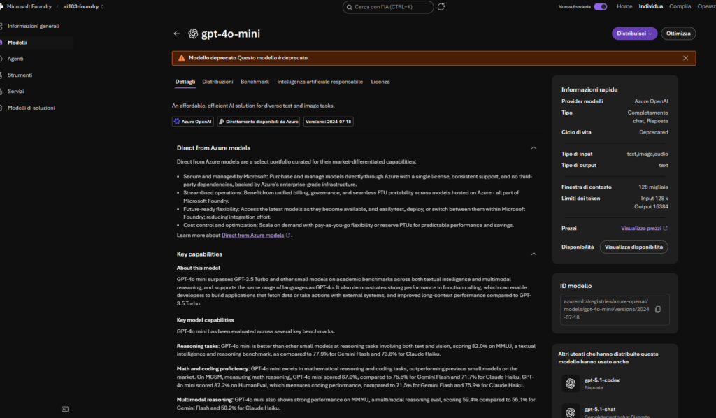 Model page showing deprecated banner for gpt-4o-mini