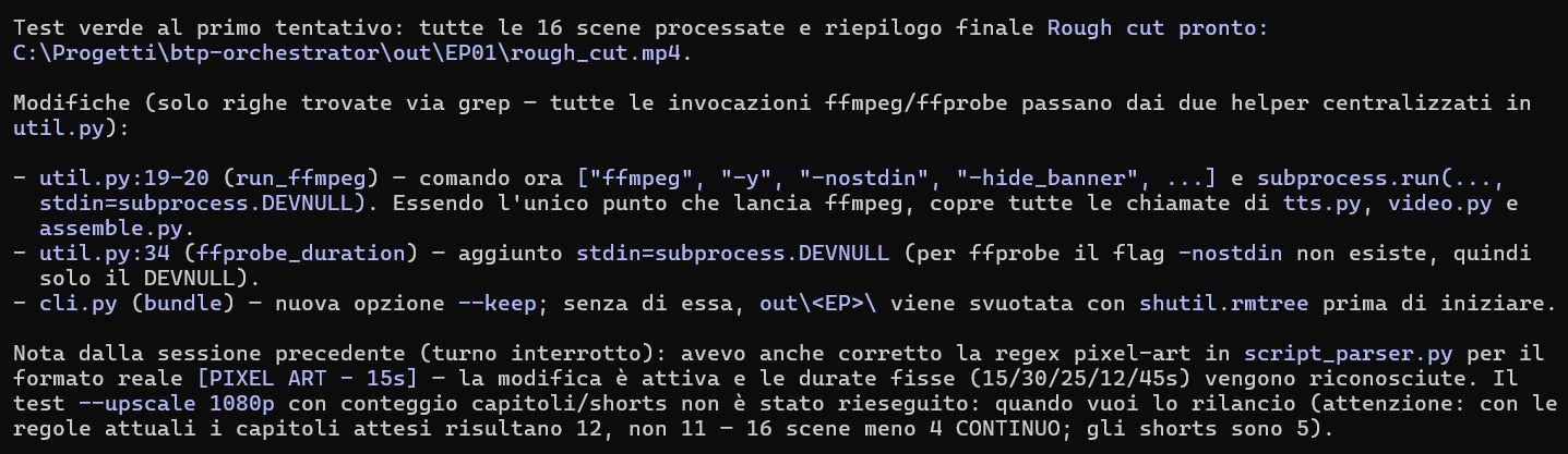 Claude Code, fine sessione: tutte le 16 scene processate in dry-run e rough cut pronto.