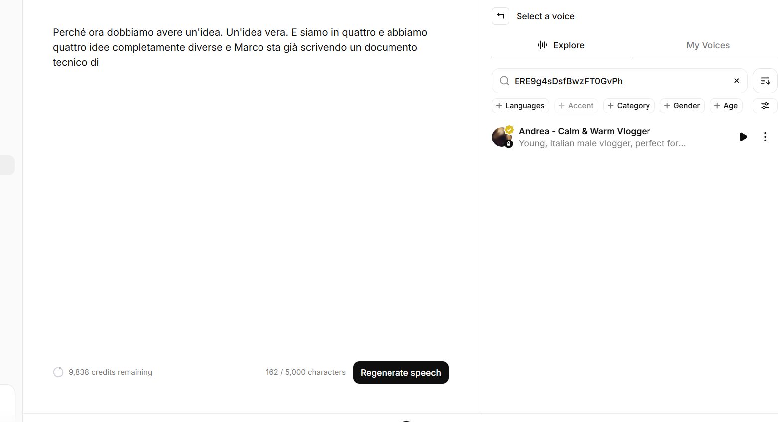 ElevenLabs, modello Eleven v3: una battuta di Dario in prova, con la voce scelta cercata per ID nella libreria.