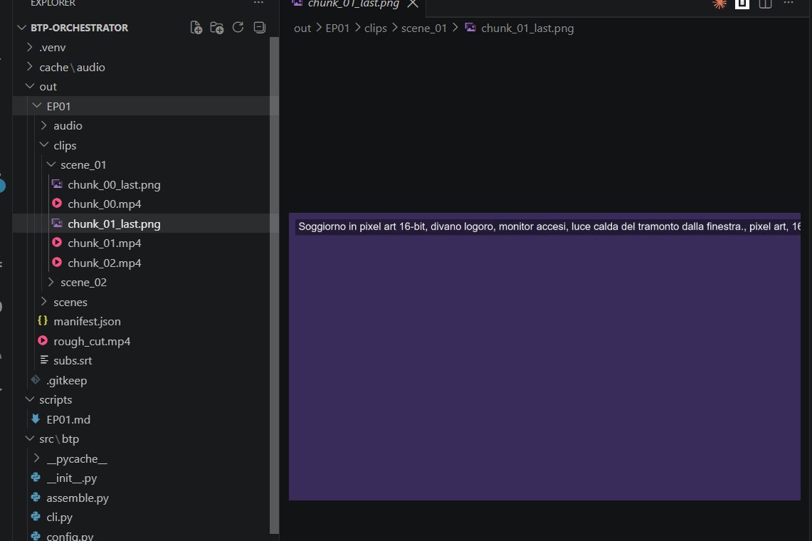 L'output del dry-run: per ogni scena i chunk video, l'ultimo frame per il chaining, e in radice manifest, sottotitoli e rough cut.